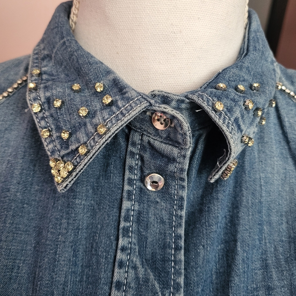 Denim Rhinestone Studded Women's Button Down Jacket - Picture 4 of 8